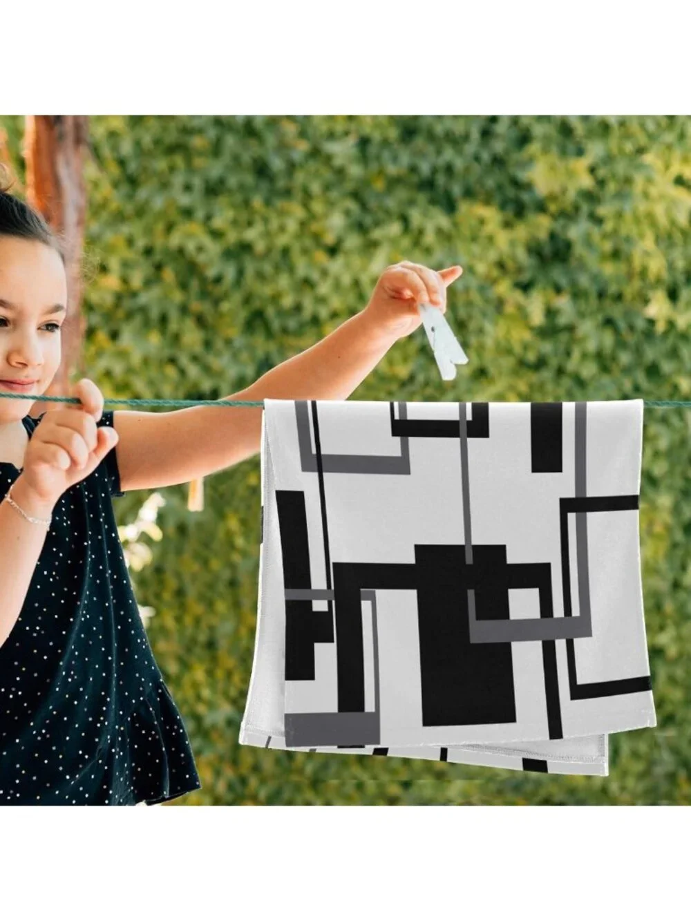 Set of 2 Black & White Geometric Hand Towels - Absorbent Microfiber, Modern